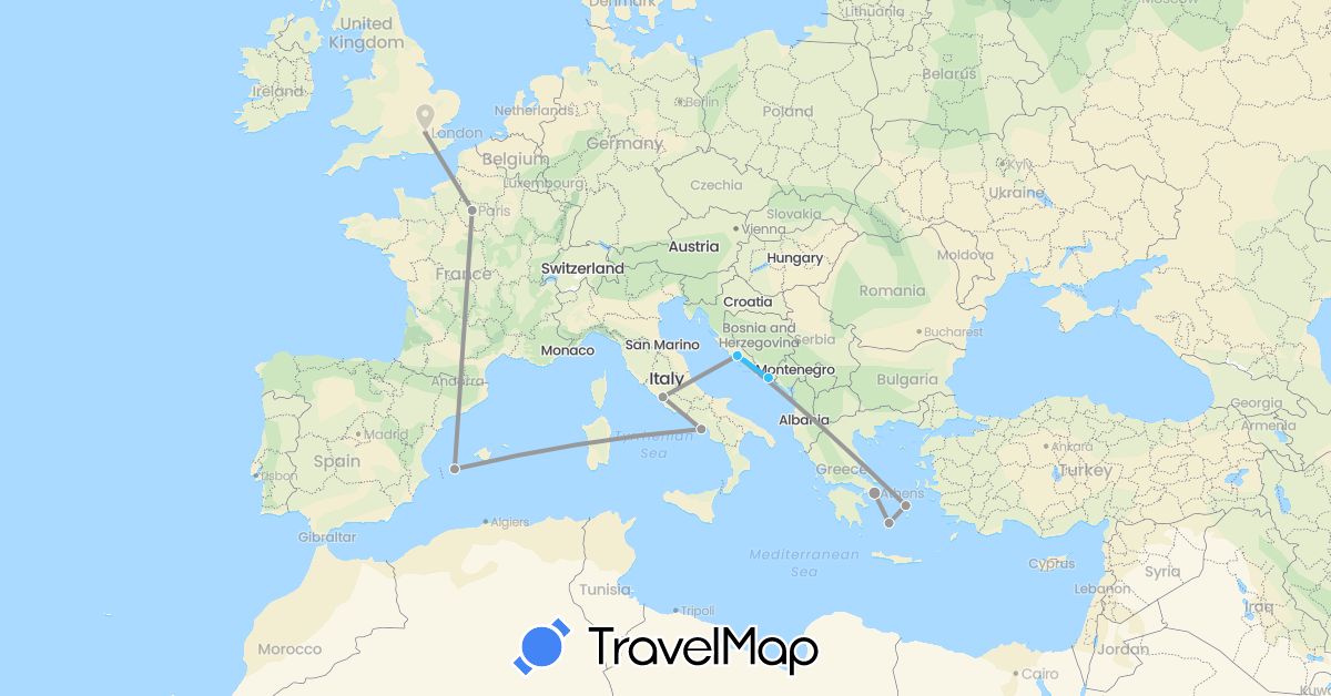 TravelMap itinerary: plane, boat in Spain, France, United Kingdom, Greece, Croatia, Italy (Europe)